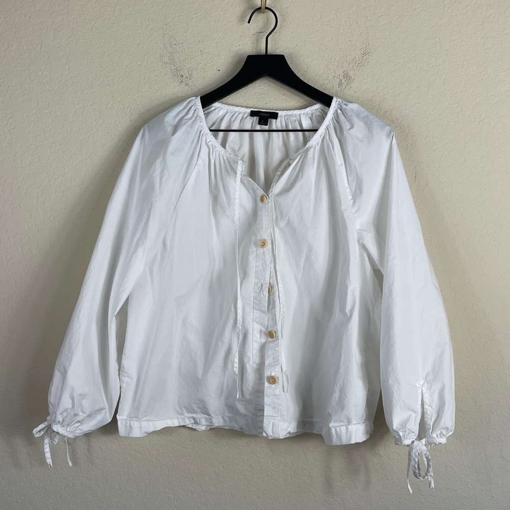 J. Crew Tie Sleeve Button Front Cotton Poplin Top in White Size Large - Picture 4 of 11
